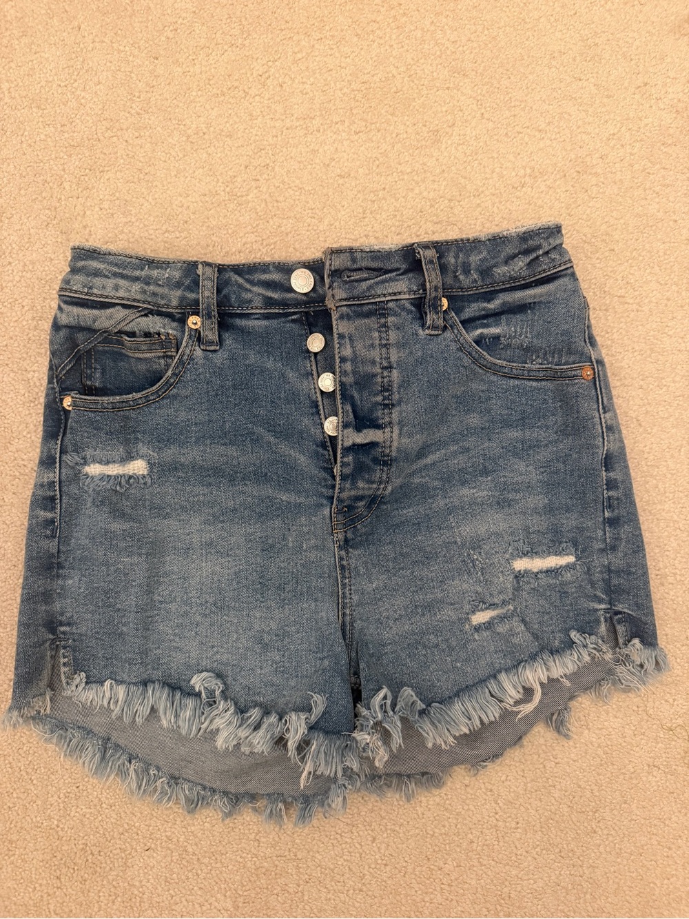 Free People Frayed Hem Distressed Denim Shorts in Medium Blue